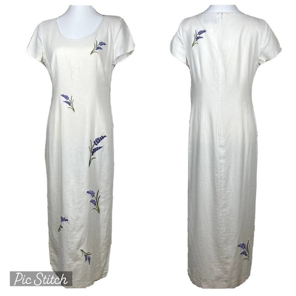 Vintage 80’s Virgo II Maxi Dress Embroidered Purple Floral Linen Size 6 - Picture 1 of 15
